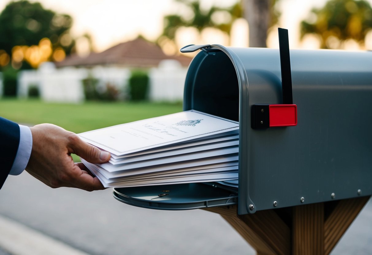 A stack of elegant wedding invitations being placed into a mailbox