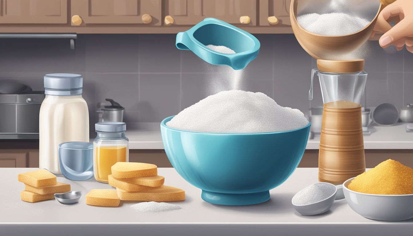 A bowl of icing sugar being poured into a measuring cup, next to a bowl of caster sugar and various sweeteners on a kitchen counter