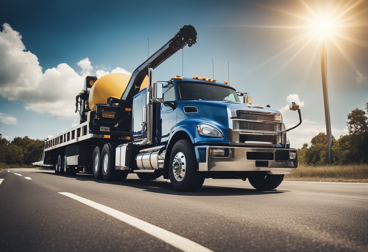 A heavy-duty tow truck with a winch and towing equipment positioned in front of a disabled semi truck on the side of the road