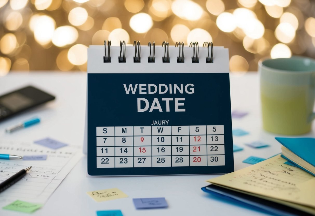 A calendar with a wedding date circled, surrounded by various notes and reminders