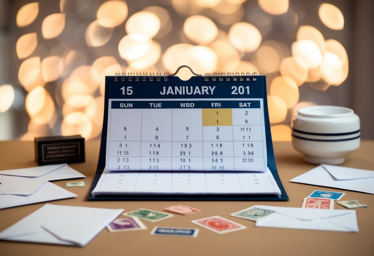 An open calendar with a highlighted date, surrounded by envelopes and stamps