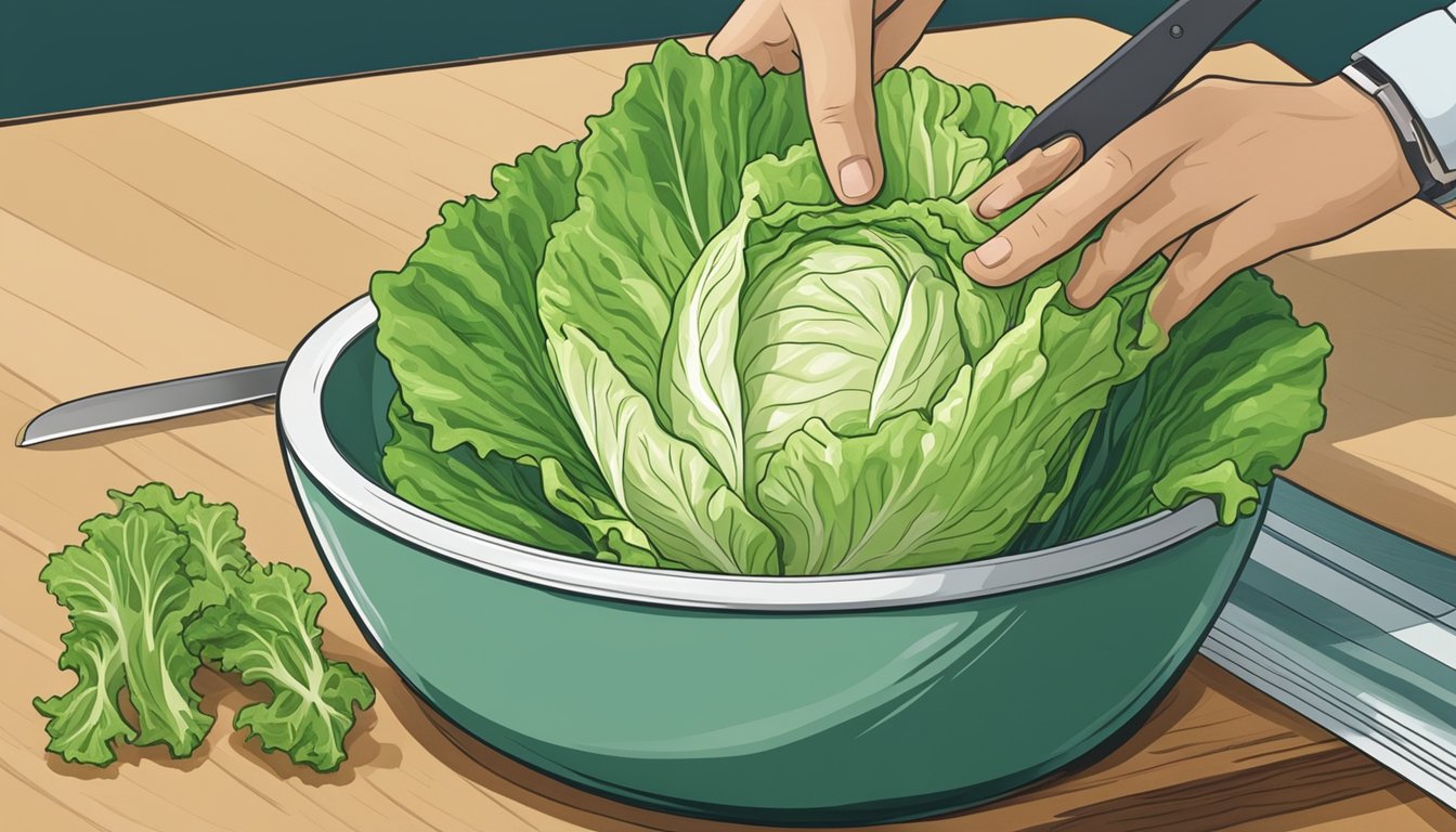 A hand reaching for a head of iceberg lettuce next to a bowl of romaine, with a knife and cutting board in the background