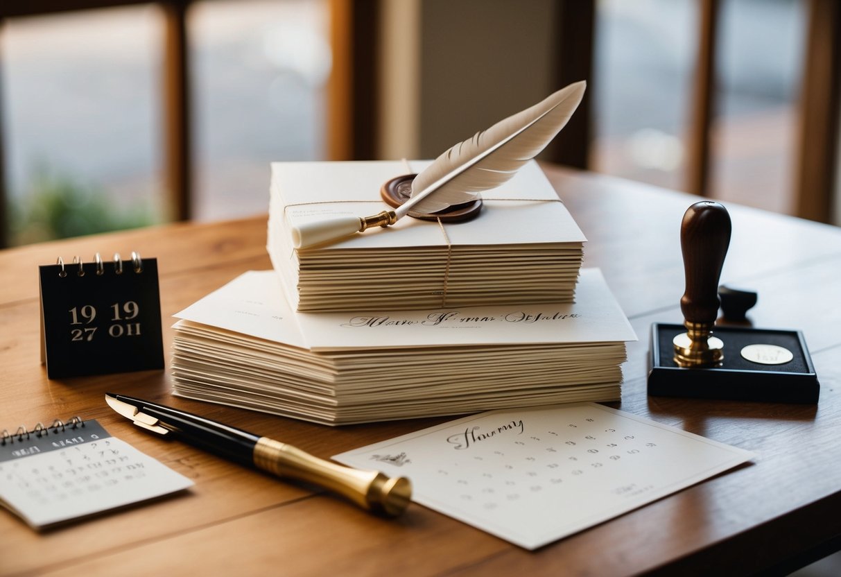 A table with a stack of elegant wedding invitations, a quill pen, and a wax seal stamp. A calendar showing the date of the wedding