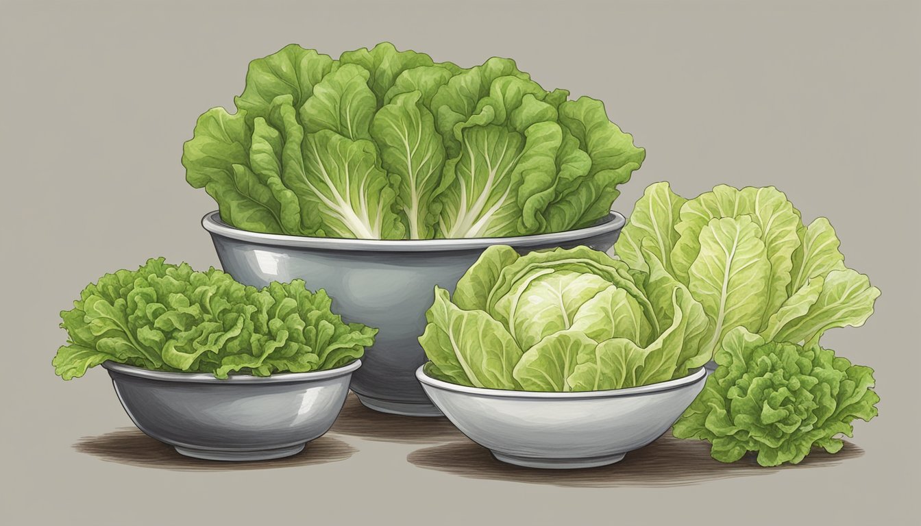 A bowl of mixed lettuce varieties with a prominent head of iceberg lettuce next to a bunch of romaine lettuce