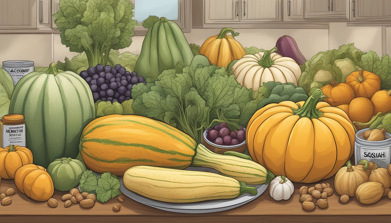 A table with two types of squash, labeled "Honeynut" and "Acorn," surrounded by various fruits and vegetables. A nutrition label is visible next to each squash