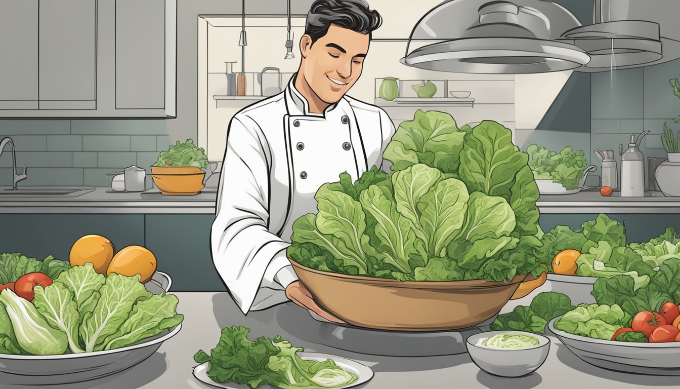 A chef swapping out iceberg lettuce for romaine in a salad, showcasing various alternative leafy greens and fresh ingredients