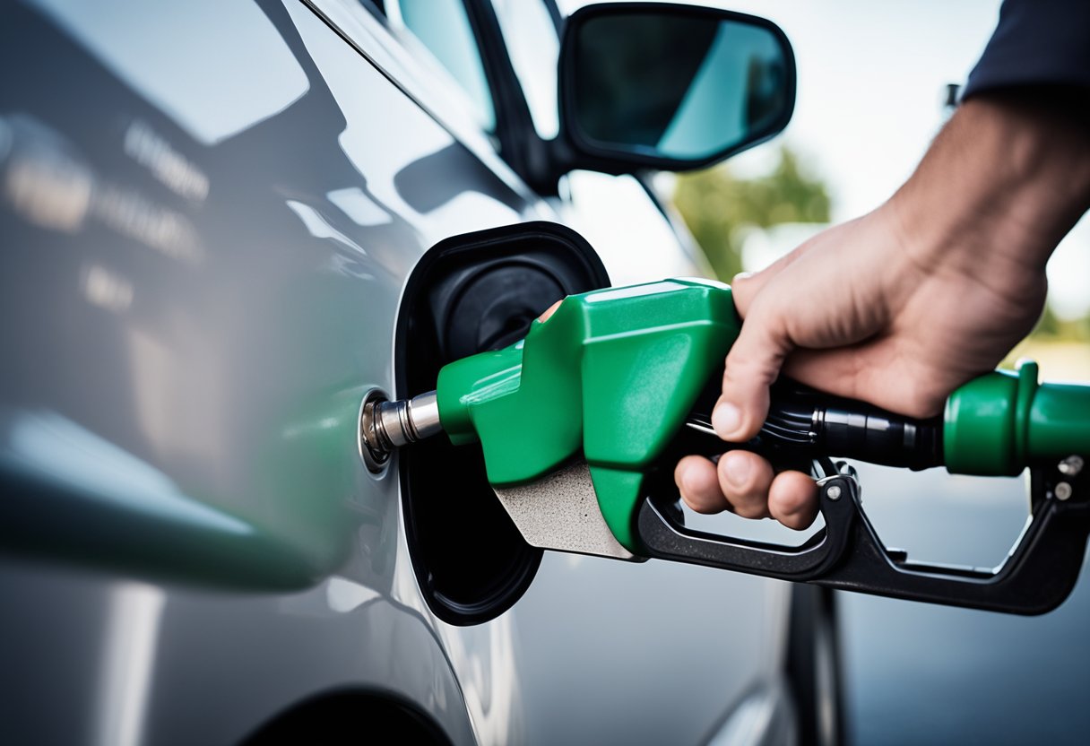 A semi truck fuel tank being filled at a gas station, with the nozzle inserted and fuel flowing into the tank