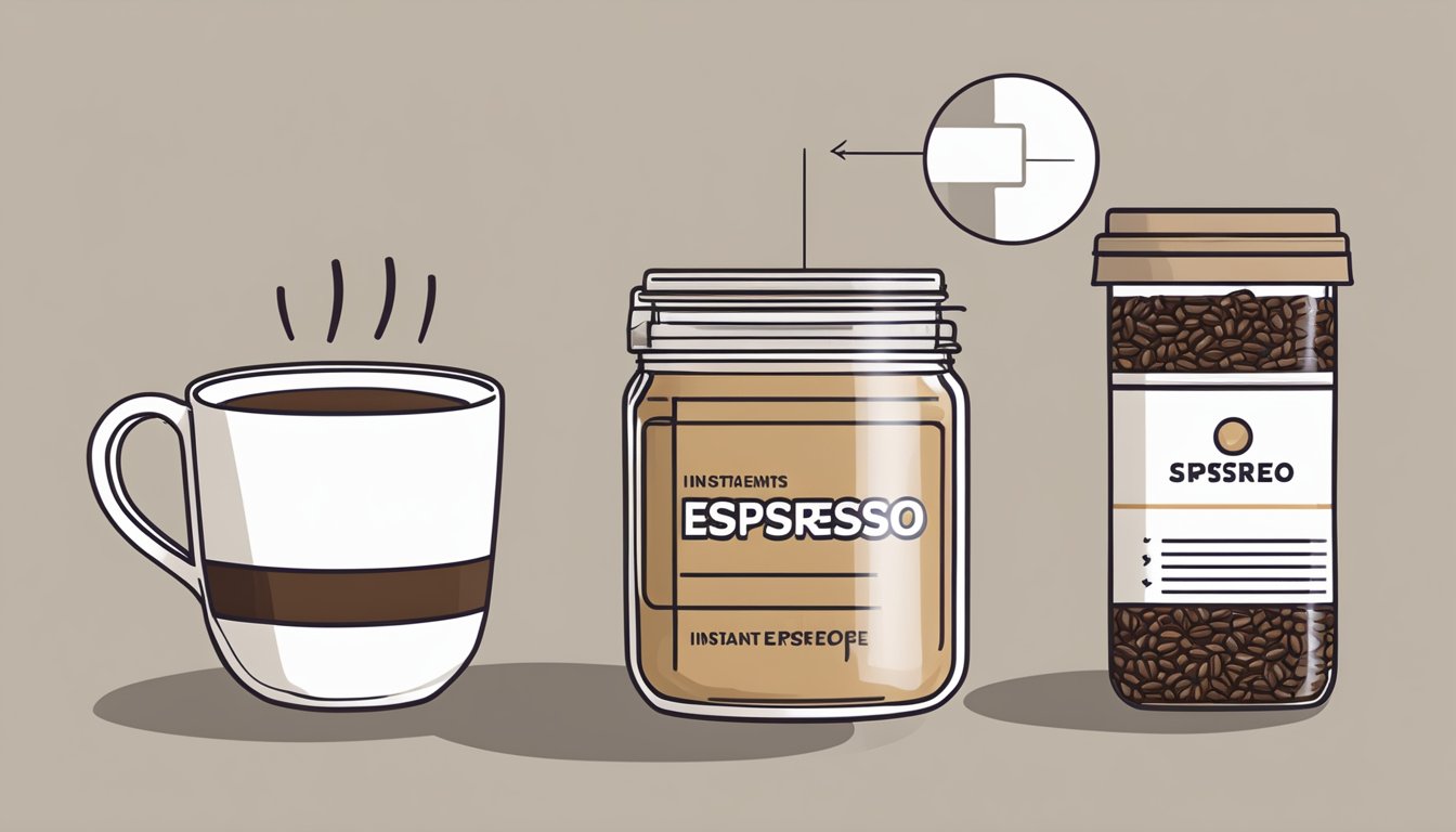 A jar of instant espresso powder next to a cup of brewed espresso, with arrows indicating the equivalent measurements for substitution