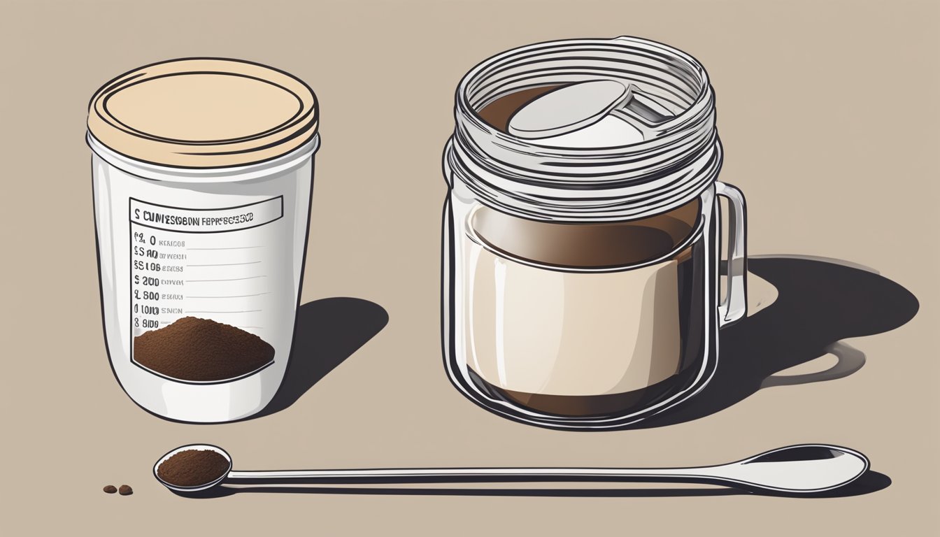 A jar of instant espresso powder next to a cup of brewed espresso with a measuring spoon and a conversion chart