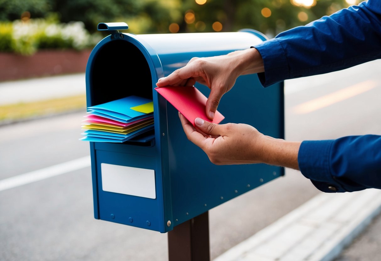 A hand reaching into a mailbox filled with colorful envelopes