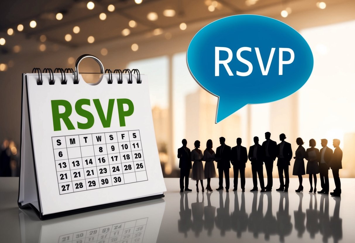A calendar with a highlighted RSVP date and a speech bubble with the word "RSVP" above a group of guests