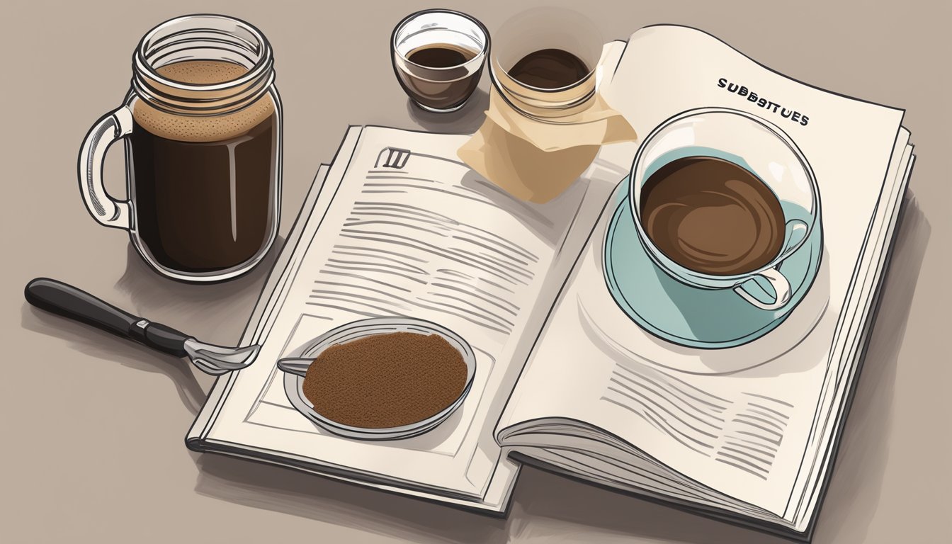 A jar of instant espresso powder next to a cup of brewed espresso, with a recipe book open to a page about incorporating substitutes into recipes