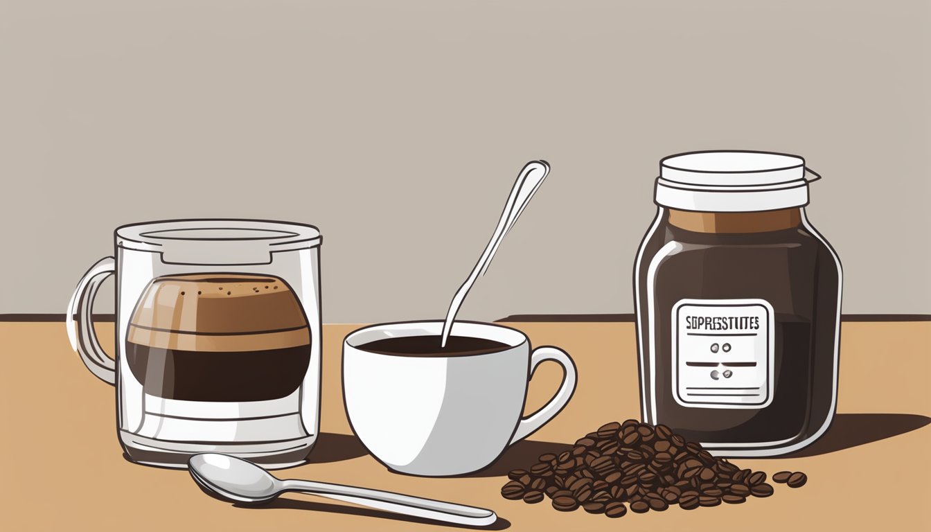 A steaming cup of coffee sits next to a jar of instant espresso powder, with a measuring spoon and a bag of alternative coffee substitutes in the background