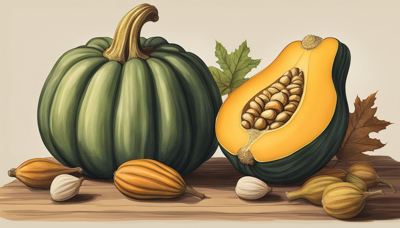 A honeynut squash sitting next to an acorn squash, illustrating a substitution for cooking