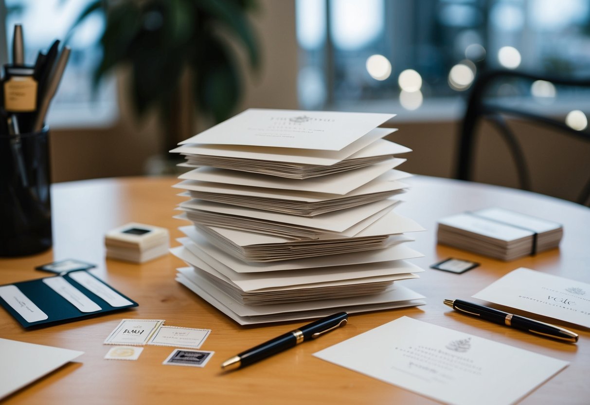 A stack of elegant wedding invitations arranged on a table, surrounded by pens, stamps, and address labels