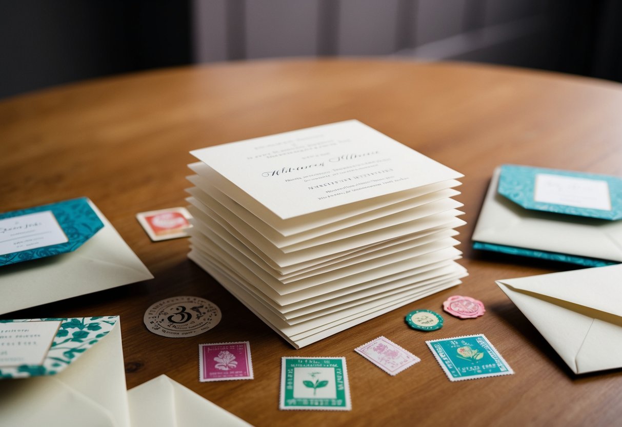 A stack of elegant wedding invitations sits on a table, surrounded by decorative envelopes and a collection of colorful stamps