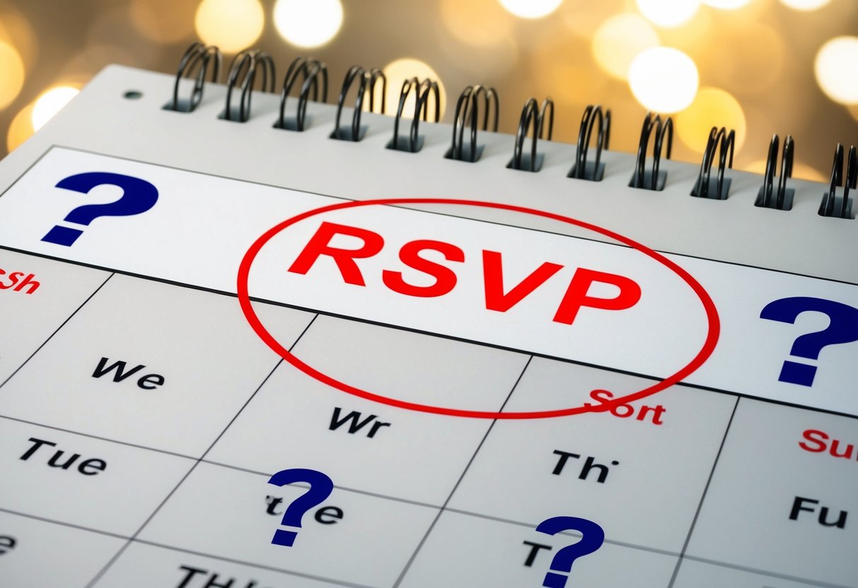 A calendar with the RSVP date circled in red, surrounded by question marks and reminders