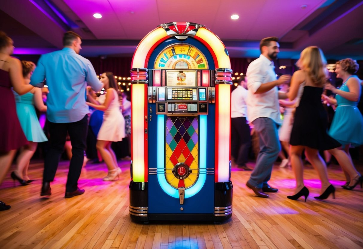 A colorful jukebox with vibrant lights, surrounded by a dance floor filled with people moving to the music
