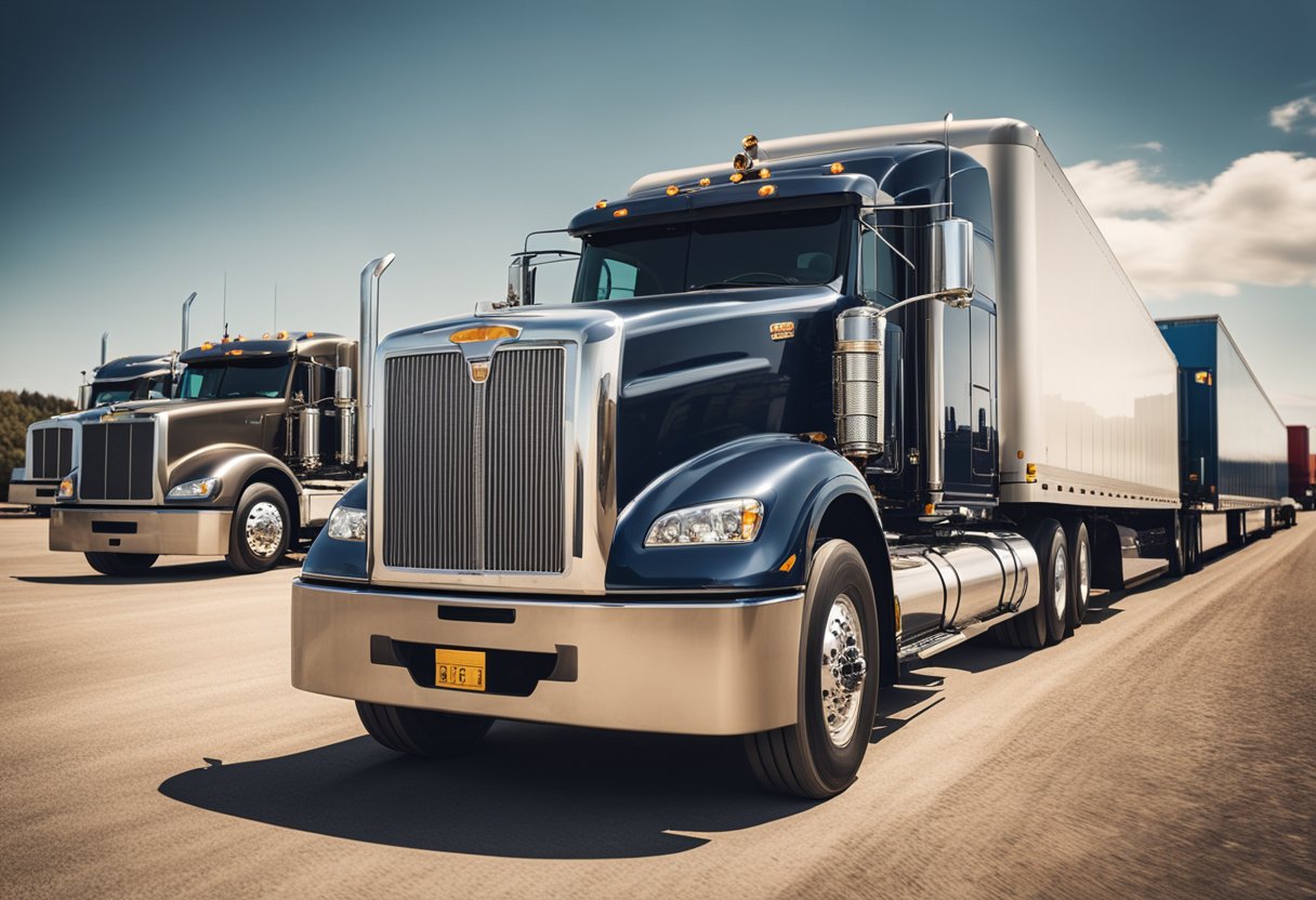 A massive semi-truck pulling a line of heavy-duty trailers, each loaded with various oversized items like construction equipment, large tanks, and industrial machinery