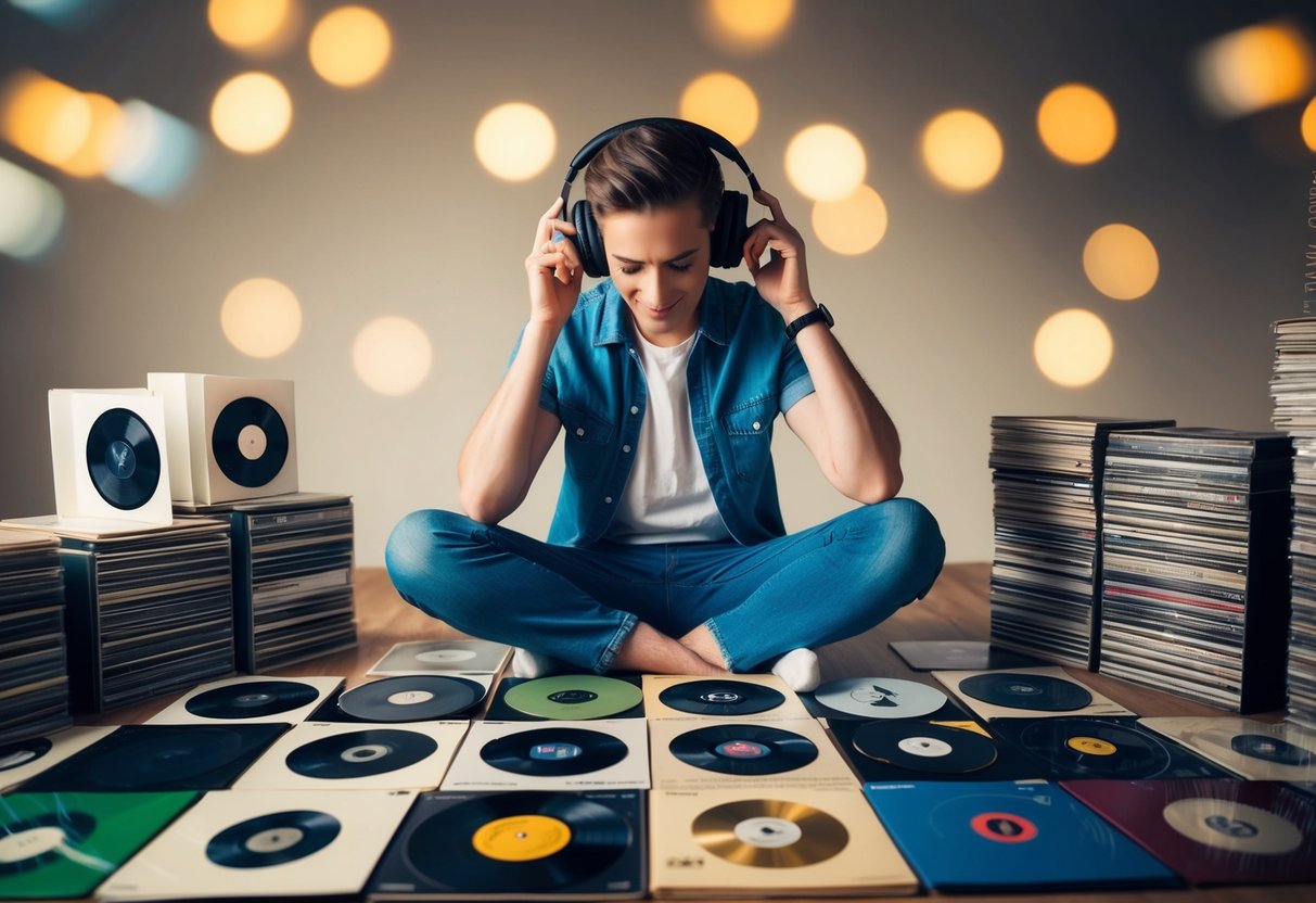 A person surrounded by a diverse collection of music records, with headphones on, tapping their foot to the beat