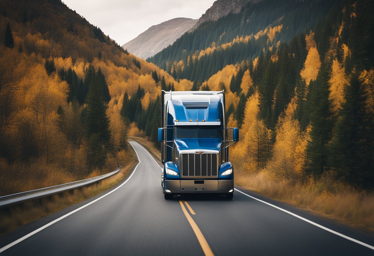 A massive semi truck hauling a heavy load up a steep mountain road