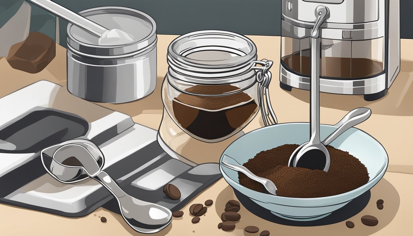 A jar of instant coffee sits next to a bowl of finely ground espresso powder on a kitchen counter. A measuring spoon hovers over the two options, ready to scoop out the necessary amount