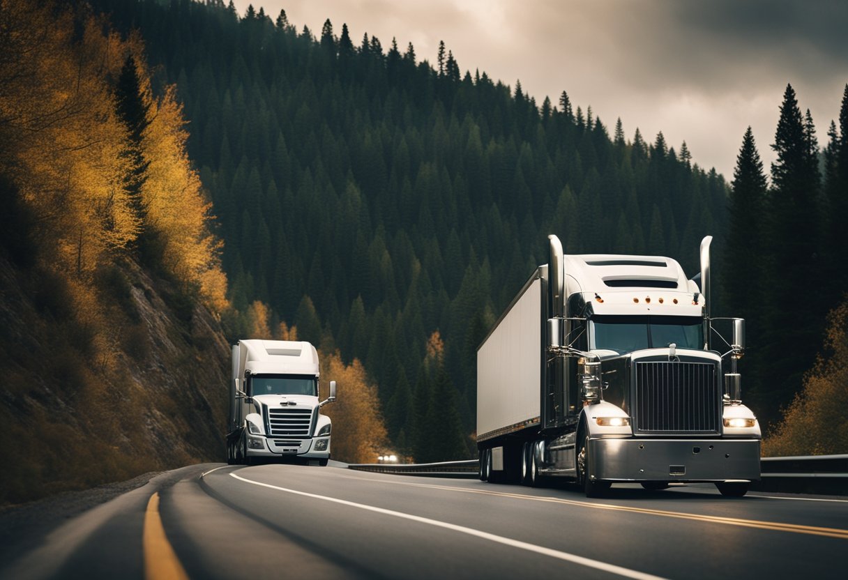 A semi truck towing a massive load up a steep mountain pass