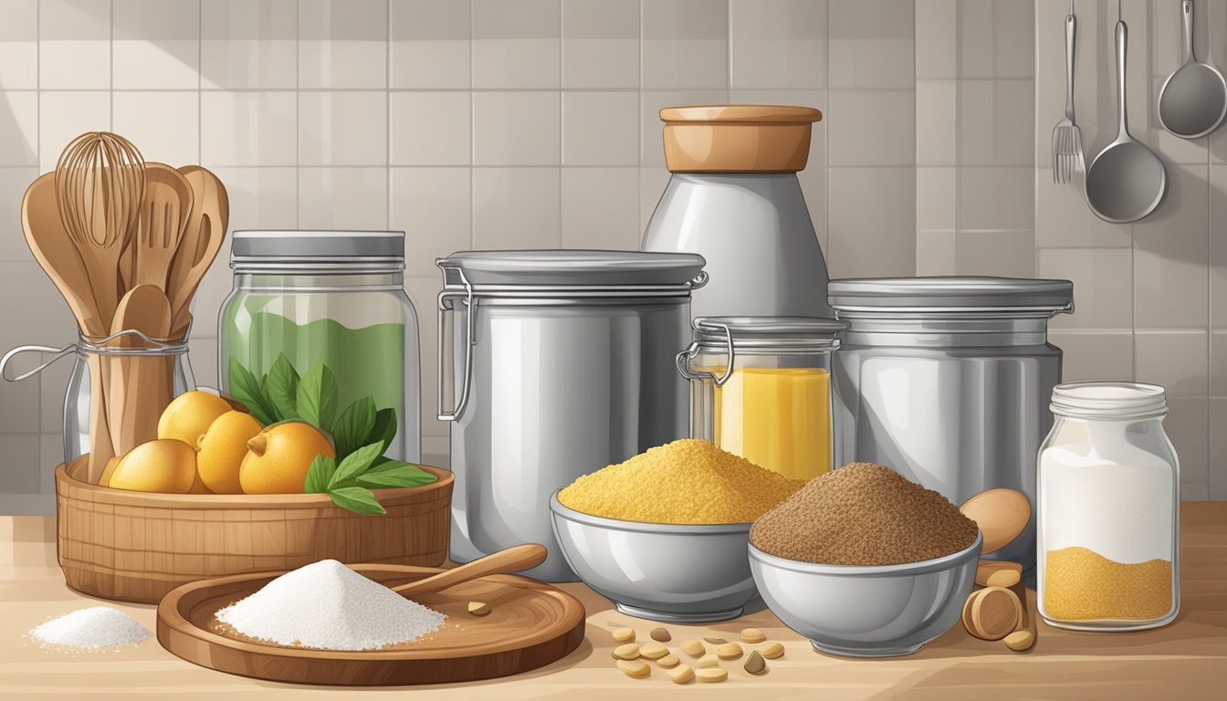 A kitchen scene with ingredients and utensils for baking, including a bag of inulin as a sugar substitute