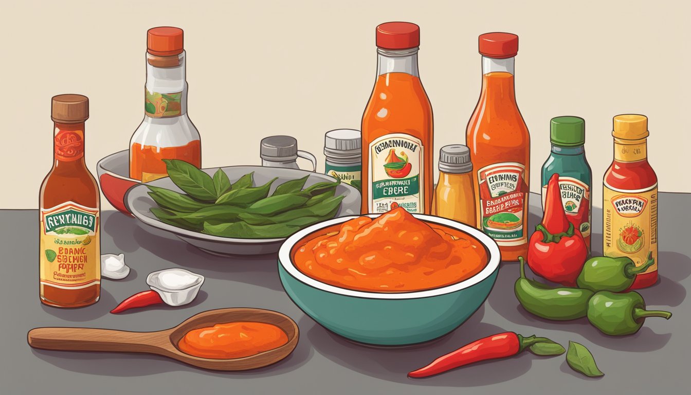 A table with various hot sauce bottles next to a bowl of cayenne pepper, illustrating the concept of substituting hot sauce for cayenne pepper