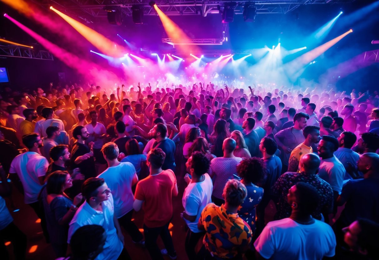 A crowded dance floor pulsing with vibrant colors and energetic movement as people groove to the beat of iconic dance tracks