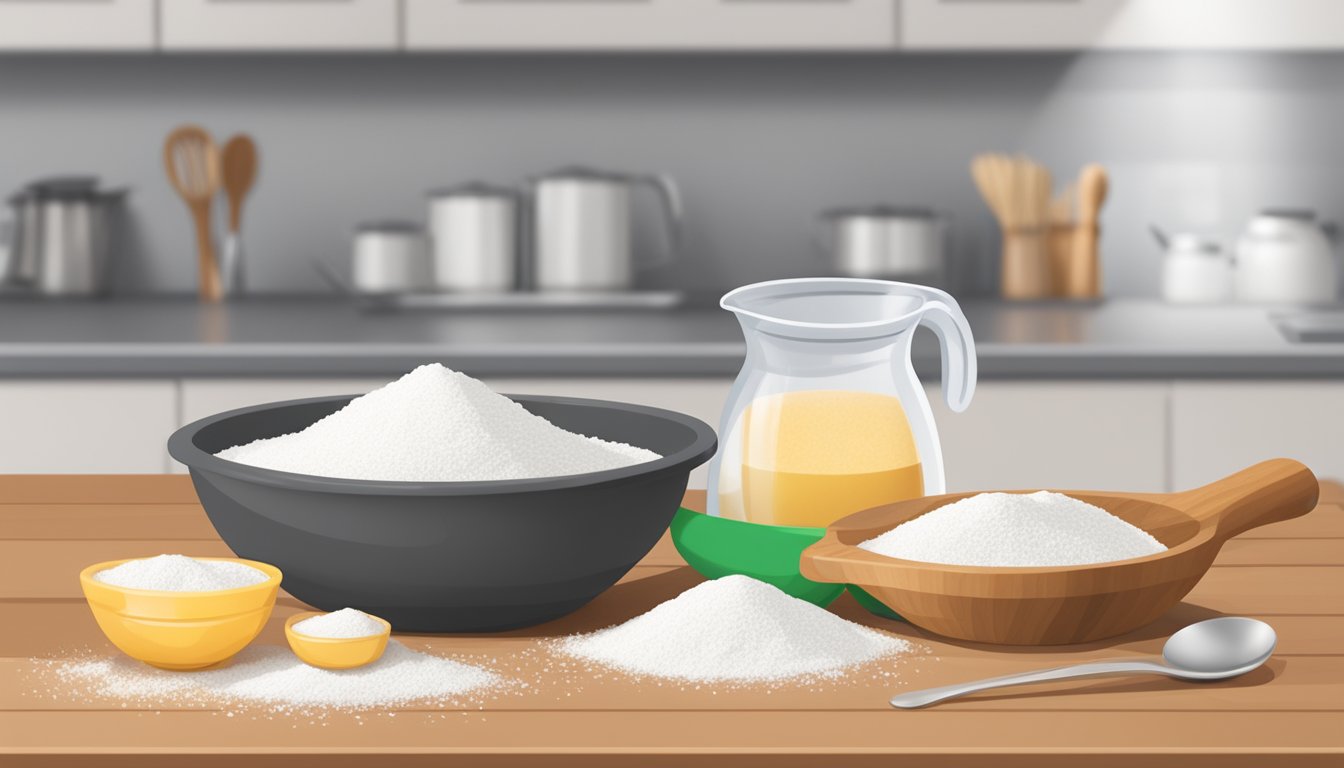 A mixing bowl filled with inulin powder next to a measuring spoon and a bag of sugar, with various baking ingredients in the background