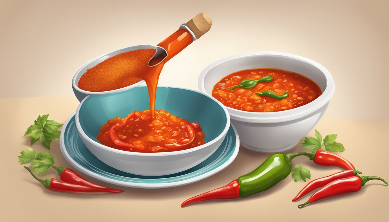 A bottle of hot sauce pouring onto a dish of food, with a small bowl of chili powder nearby