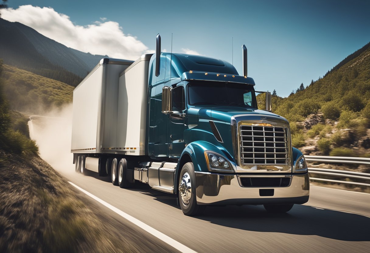 A powerful semi truck pulling a massive load up a steep mountain road. The truck's engine roars as it conquers the challenging terrain