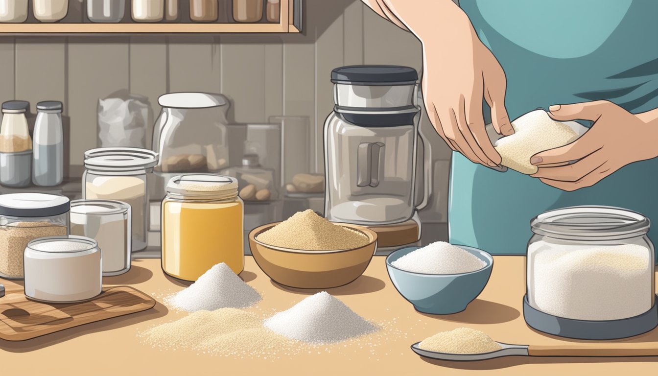 A kitchen scene with various sugar substitutes and baking ingredients, with a hand reaching for a bag of inulin to use in place of sugar