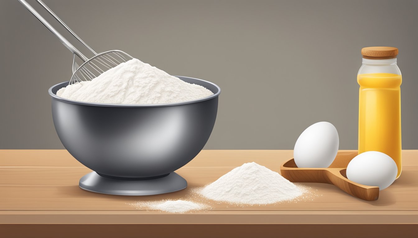 A mixing bowl filled with flour, eggs, and inulin powder. A measuring spoon pours inulin into the bowl as a whisk stirs the ingredients together