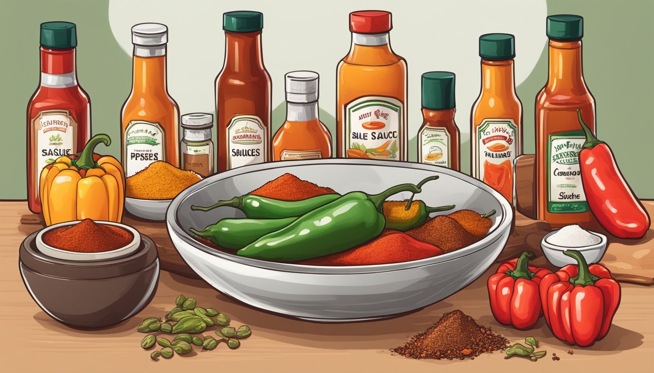 A table with various hot sauce bottles next to a bowl of cayenne pepper, surrounded by different types of peppers and spices