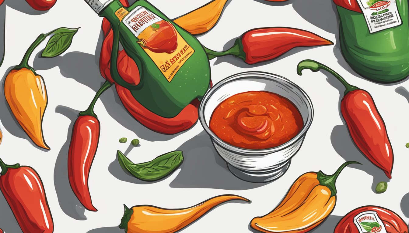 A bottle of hot sauce pouring onto a spoonful of cayenne pepper