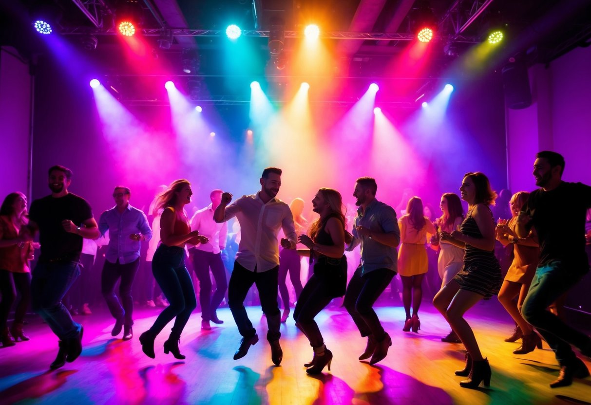 Colorful lights flash as music fills the room. People sway and jump to the rhythm, creating a vibrant, energetic atmosphere