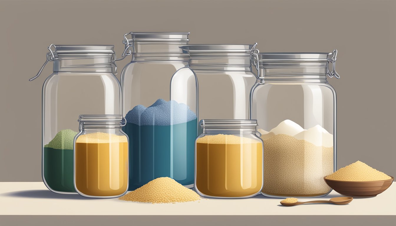 A kitchen counter with jars of yeast starters and cultures, alongside measuring spoons and a mixing bowl