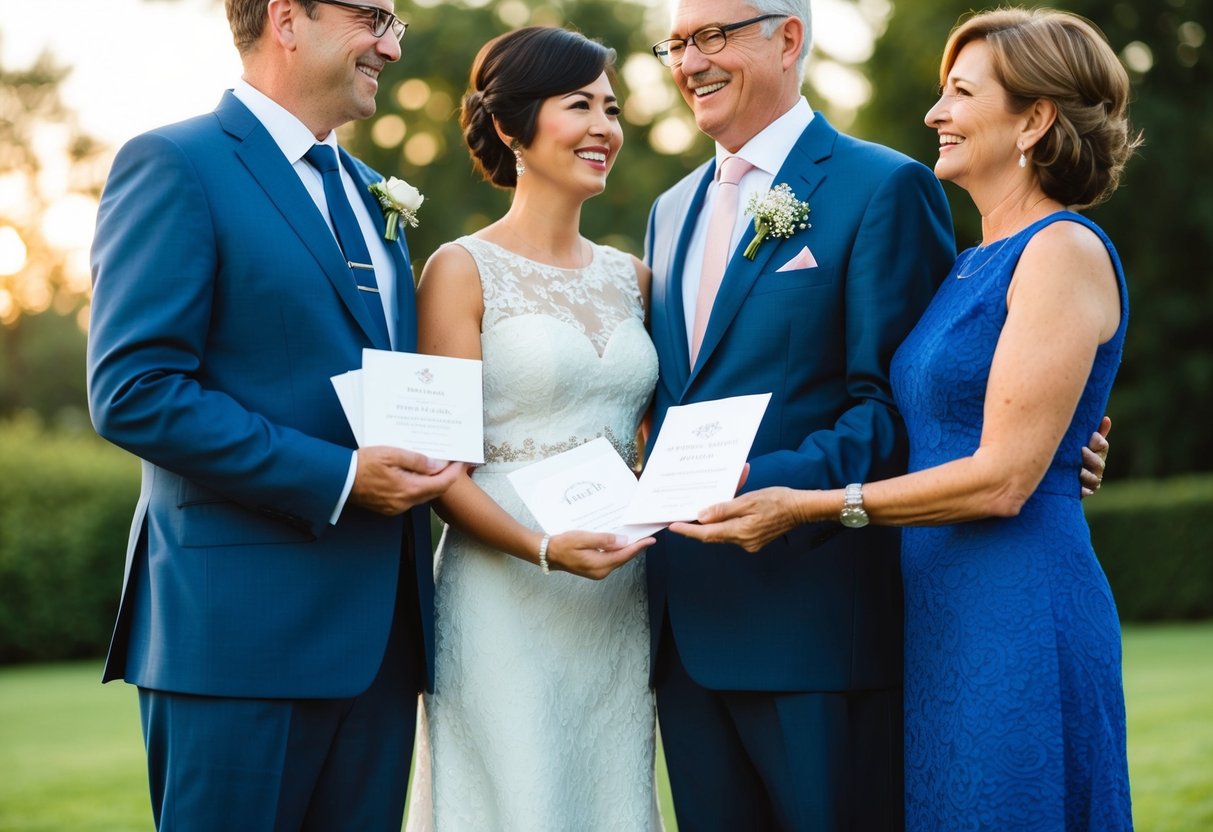 Parents standing beside a couple, holding wedding invitations with a look of pride and joy