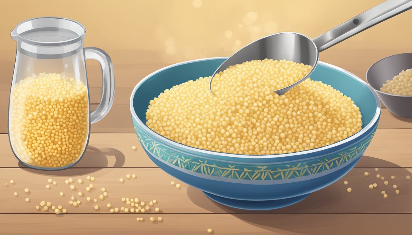 A bowl of Israeli couscous next to a bowl of regular couscous, with a measuring cup pouring Israeli couscous into a pot of boiling water