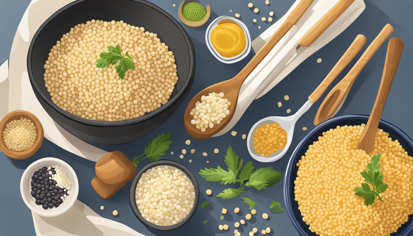 A bowl of Israeli couscous sits next to a bowl of regular couscous, with various ingredients and cooking utensils surrounding them