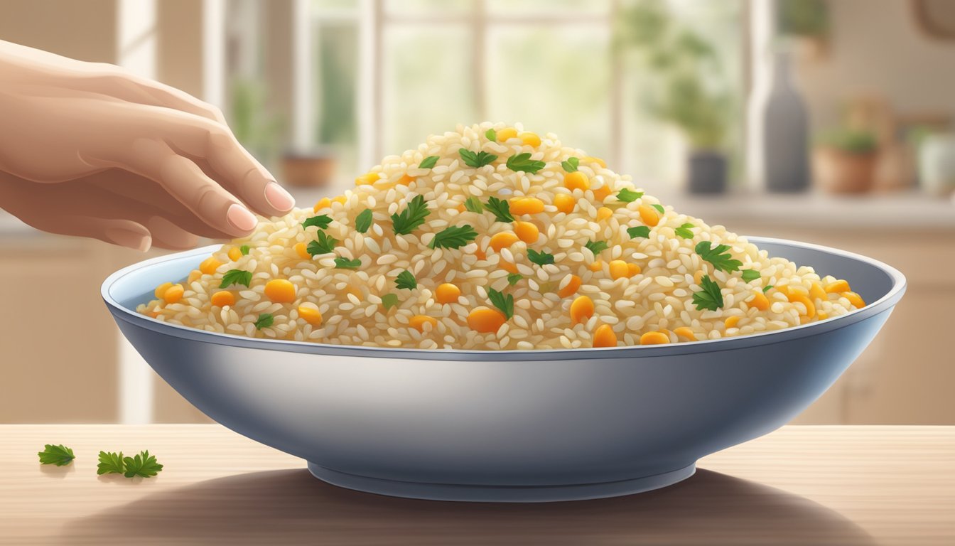 A bowl of Israeli couscous and orzo side by side, with a hand reaching for the Israeli couscous