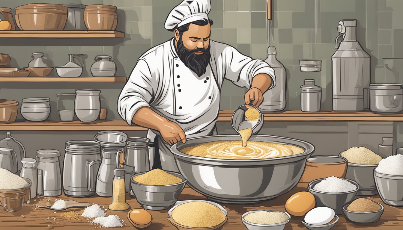 A chef pours India pale ale into a mixing bowl, surrounded by flour, eggs, and seasoning