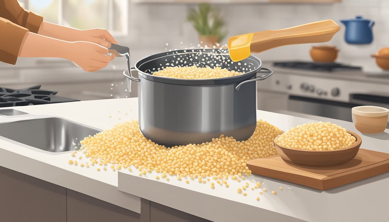 A pot of boiling water with Israeli couscous being poured in, next to a box of orzo on the counter