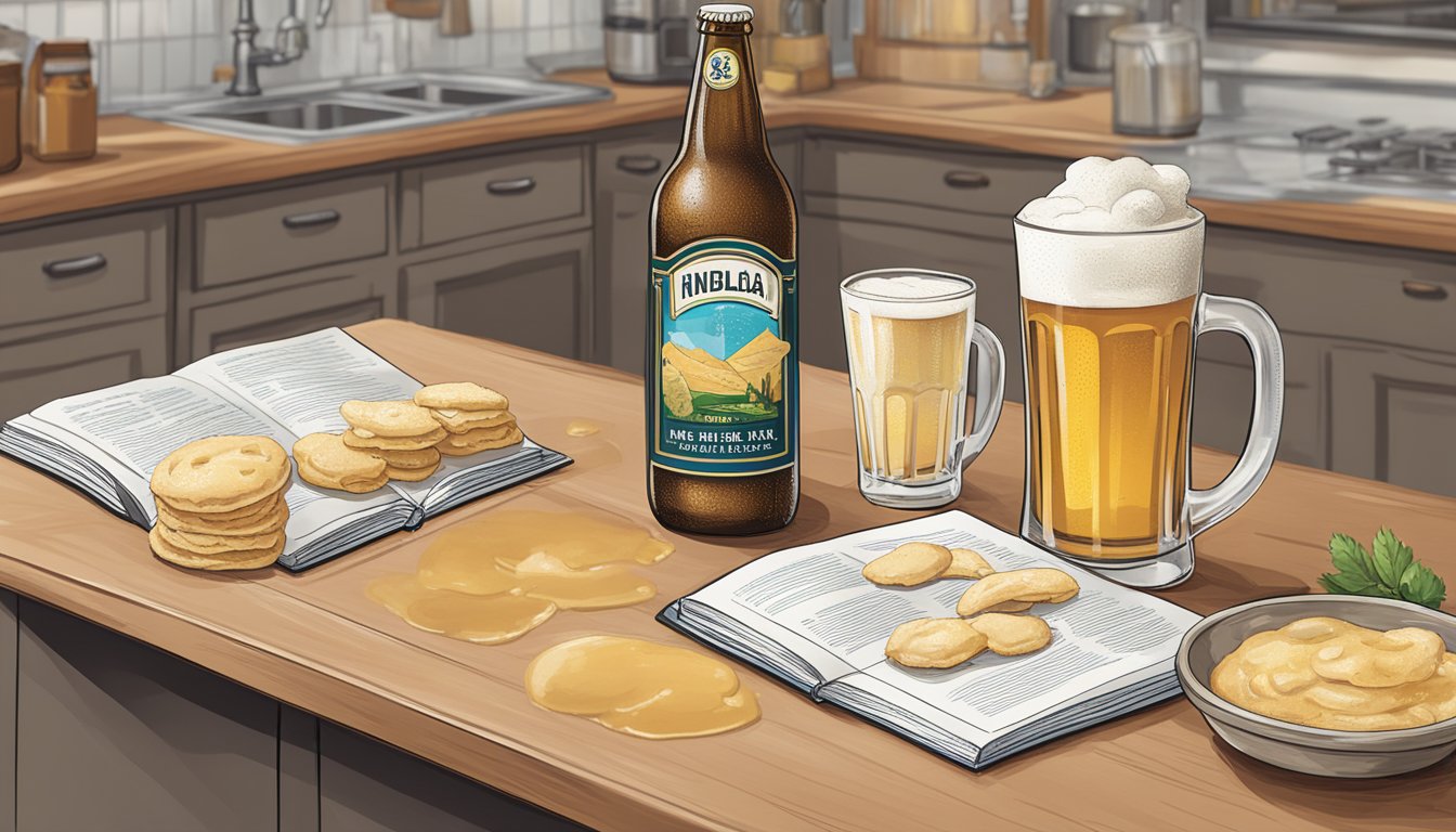 An open recipe book with a beer batter recipe, a bottle of India pale ale, and a pitcher of lager on a kitchen counter