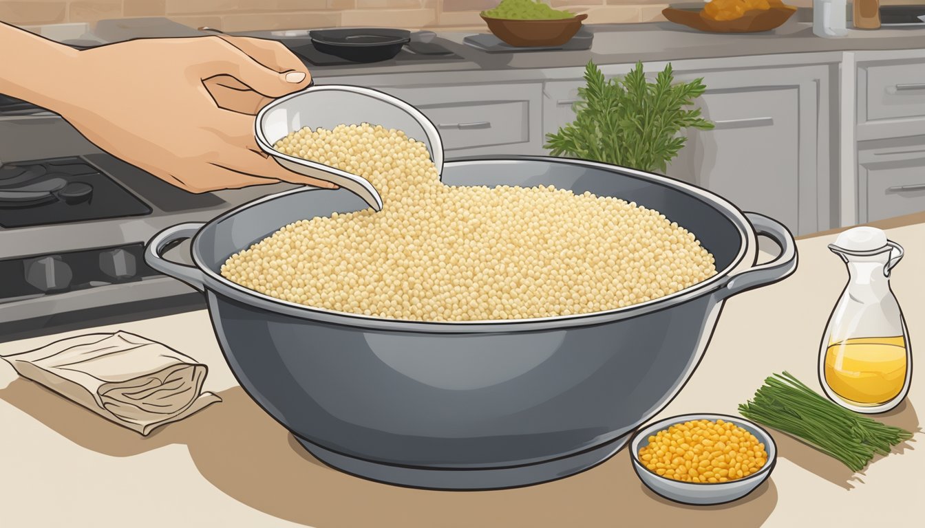 A bowl of Israeli couscous being poured into a pot of boiling water, while a bag of orzo sits nearby. Ingredients for substitution are laid out on a kitchen counter