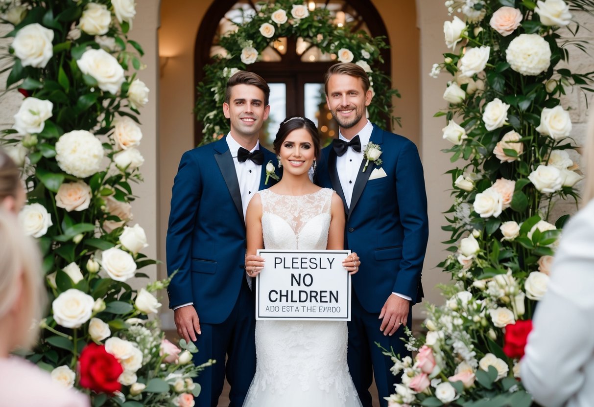 A bride and groom surrounded by elegant decor and flowers, with a sign politely requesting no children at the wedding