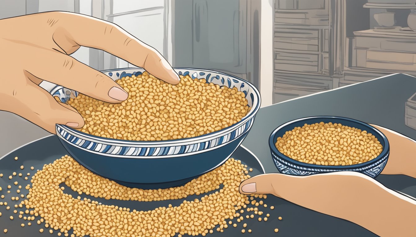 A bowl of Israeli couscous next to a bowl of orzo, with a hand reaching for the Israeli couscous