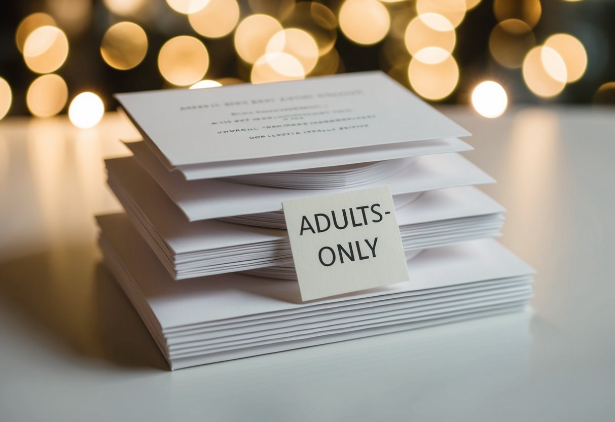 A stack of elegant wedding invitations with "adults-only" note